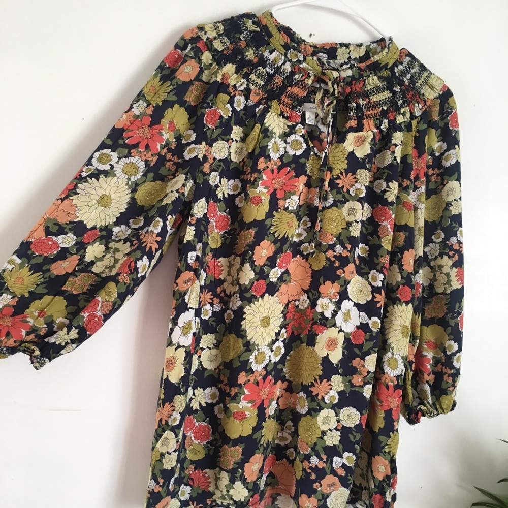 Anthropologie Navy Floral Peasant Blouse with Olive and Coral - Picture 3 of 6